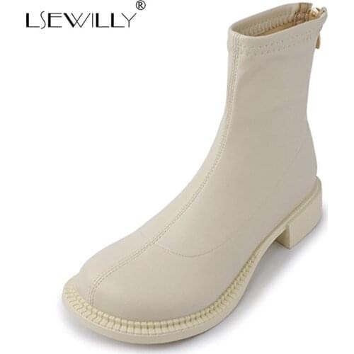 Lsewilly 2021 New Autumn Winter Women Ankle Boots Fashion Female Zipper Low Square Heel Shoes Ladies Black White Round Toe Boots