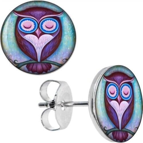Wholesale Stud Earrings Cute Sleeping Purple Owl Stainless Steel Ear Studs Men Women Earring 8mm 10mm AW5214