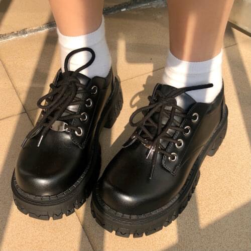 Women Oxfords 2021 Spring Autumn Casual Platform Shoes Black Lace Up Leather Shoe Sewing Fashion Round Toe Chunky Sole Flats