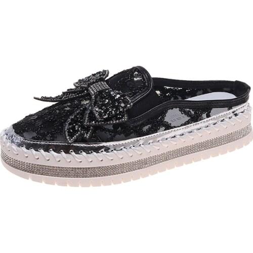 Womens Close Toe Slippers Rhinestone Butter-knot Decor Chic Fashion Breathable Mesh Breathable Thick Sole Slippers