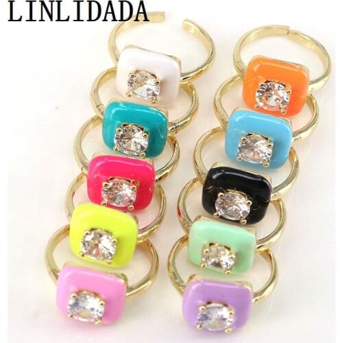 10Pcs Gold Plated Brass Rings Square Shape Zircon Engagement Enameled Ring Women Adjustable Opening Ring Wholesale