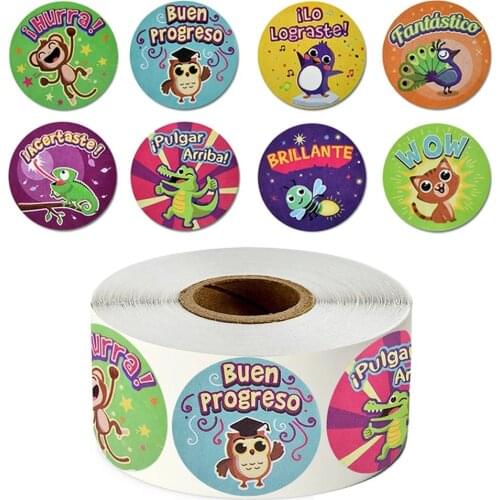 100-500pcs Spanish Reward Stickers Encouragement Sticker Roll For Kids Motivational Stickers With Cute Animals For Students