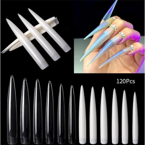120pcs/bag 4XL Stiletto Fake Nail Tips No C Curve Clear Extra Long False Nails Half Cover Salon Tool
