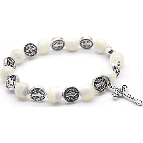 Religious Saint Benedict Exorcism Beads Crucifix Cross White Shell Beads Rosaries Bracelet for Women Prayer Confirmation Jewelry