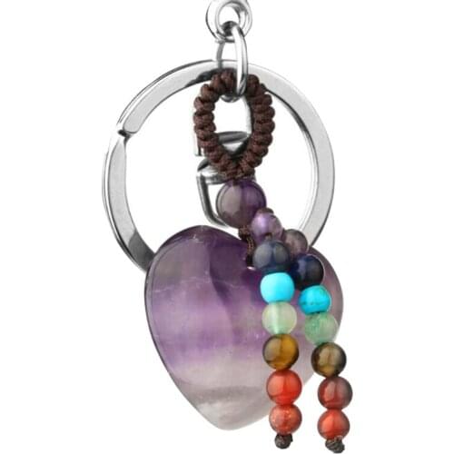 Fashion Healing Crystal Keychain Amethyst Love Heart Stone Pendant Keyring 7 Chakra Beads Tassel Reiki Key Chain Decor for Women