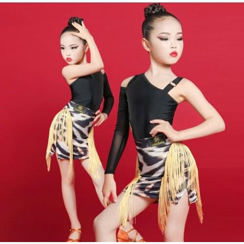 Childrens Latin Dance Clothes Girls Irregular Tops Leopard Fringe Skirt For Kids Cha Cha Samba Practice Dancing Dress DL6146