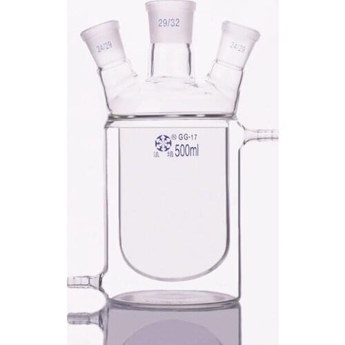 Double-deck cylindrical three-necked bottom flask,Capacity 500ml,Mid 29/32,Side 24/29,Mezzanine jacketed reactor bottle
