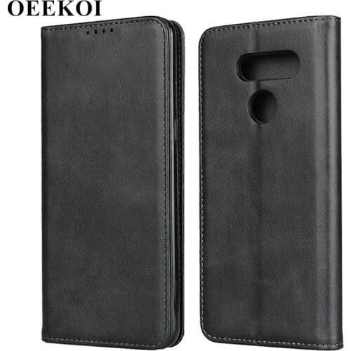 OEEKOI Calf Stripe Magnetic Snap Wallet Leather Case for LG K50S