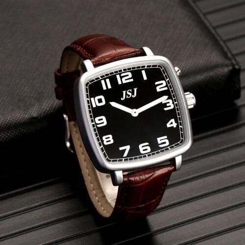 Square English Talking Watch with Alarm,Talking Date and Time,Black Dial,Brown Leather Band TESW-1714