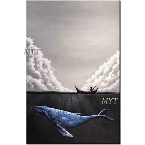A Man Was Fishing In A Small Boat When A Whale Passed By Abstract Oil Painting Handpainted Modern On Canvas Wall Art Home