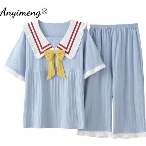 Navy Collared Chic Womens Pajama Set 2021 New Summer Shorts Cotton Homewear Big Size 3xl 4xl 5xl Woman Sleepwear Soft Cotton