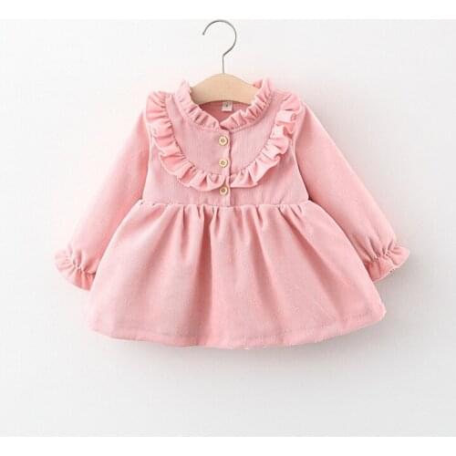 Baby Girls Corduroy Dress Spring Autumn Kids Long Sleeve Ruffles Solid Color A-line Dress Children Clothes Outfit 1-5 Years