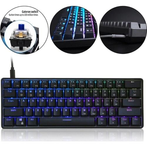 RGB LED Backlit Wired Mechanical Keyboard,Portable Compact Waterproof Mini Gaming Keyboard 61 Keys Gateron Switchs for PC