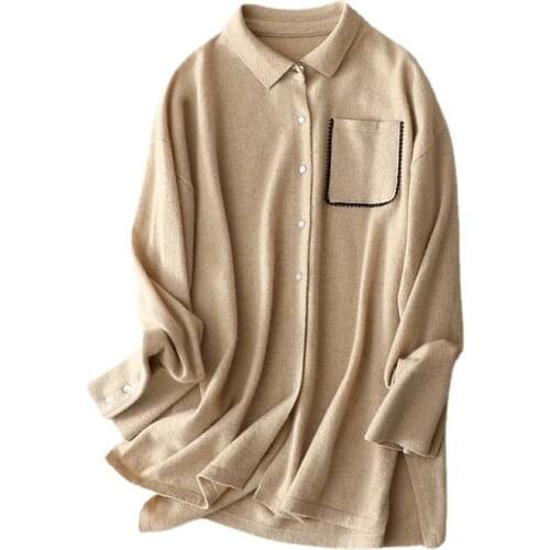 SHUCHAN 100% CASHMERE Turn-down Collar Pockets Vintage Long Cardigan Sweater Women Winter Clothes Luxury Womens Clothing