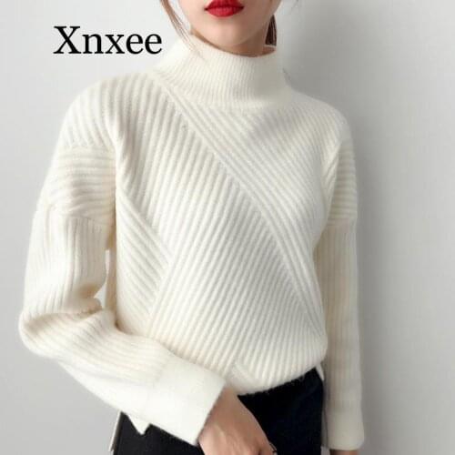 New Fashion Knitted Autumn Winter Women Plus Size 4XL Sweater Female Warm Half Turtleneck Loose Casual Pullover Knitwear white