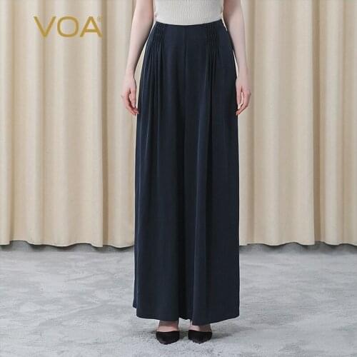 VOA Silk Trousers KE395 Navy Blue Natural Waist Fold Rear Tendon Elastic Pocket Casual Wide-leg Pants for Women Summer 2021