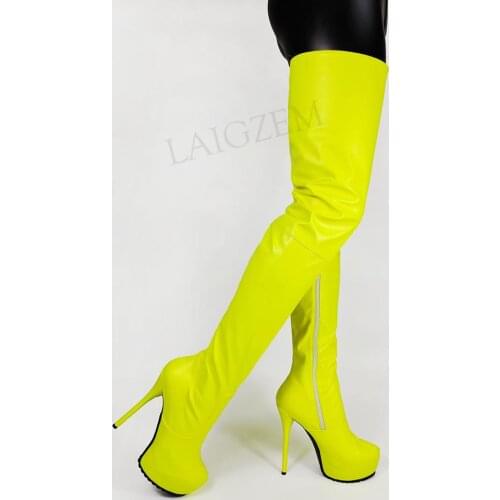LAIGZEM Women Crotch Boots Zip Up Platform Boots Faux Leather Shoes Woman Thigh High Unisex Crossdress Large Size 44 48 50 52