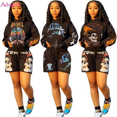 Adogirl Letters Skull Print Womens Tracksuit Long Sleeve Hooded Sweatshirts Top Loose Shorts Sets Autumn Two Piece Suit Clothes