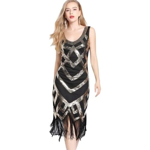 2019 New Women Party Dress 1920 s Great Gatsby Flapper Vestidos Sequin Bead Fringe Dress Evening V Neck Embellished Fringed