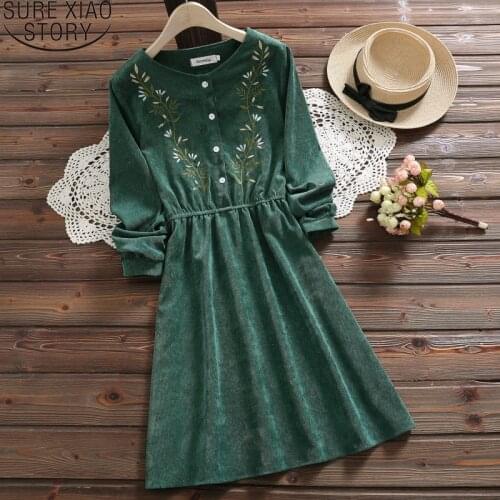 Fashion Vintage Corduroy Dress Women 2021 Long Sleeve Floral Embroidery Elegant Casual Ladies Female Midi Dress green 7425 50