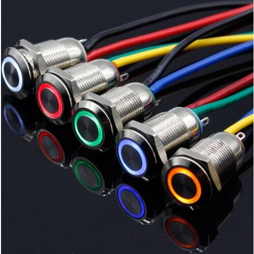 1PC 12MM with LED 12V 24V 220V Metal Button Switch locking push button with Self locking waterproof illuminated