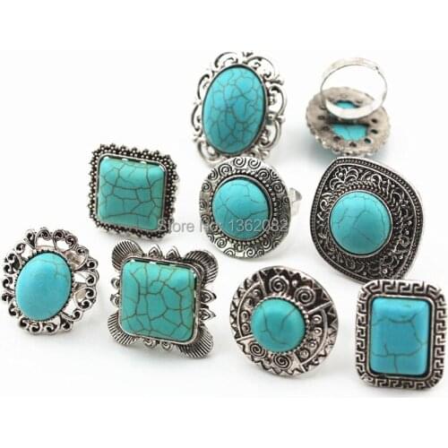 10pcs Women Ladies Tibetan Style Mixed Geometric Stone Rings Opening Finger Rings MR75