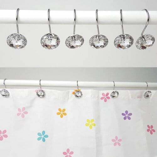 12Pcs Acrylic Round Bling Hooks Rings Acrylic Decorative Rhinestone Glass Shower Curtain Rolling Hooks Bathroom Bath Supplies