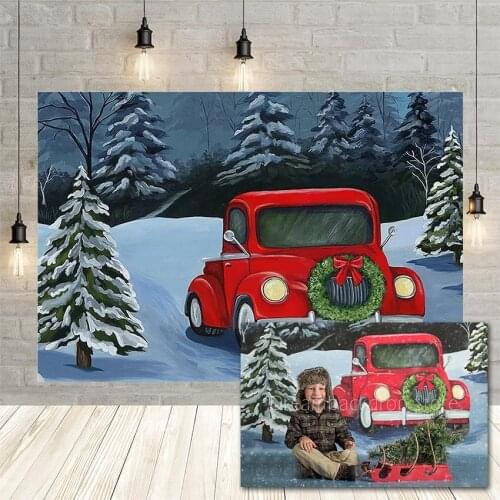 Avezano Winter Christmas Phtography Background Snow Tree Red Car Baby Birthday Portrait Decor Backdrop Photocall Photo Studio