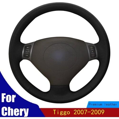 Hand-Stitched Car Steering Wheel Cover Anti-slip and Wear-Resistant Black Genuine Leather For Chery Tiggo 2007-2009