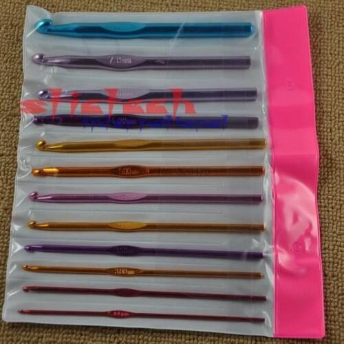 By dhl or ems 50 sets 12PCS/Set Multi-colour Aluminum Needles Crochet Hooks Set With Case Yarn Craft Kit