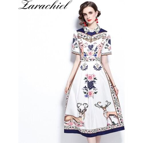 Elegant Fixed Sika Deer Flower Print Midi Dress Women Fashion Animal Single Breasted High Waist Streetwear Party Vestidos