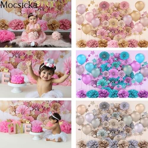 Cake Smash Newborn Portrait Baby Photography Background Gold Glitter Paperflower pink balloons Children Birthday Party Decor