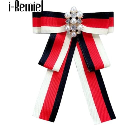 I-Remiel Korean Fashion Ribbon Bow Tie Brooch Pin Pearl Rhinestone Tie Flower College School Style Stripe Clothing & Accessories