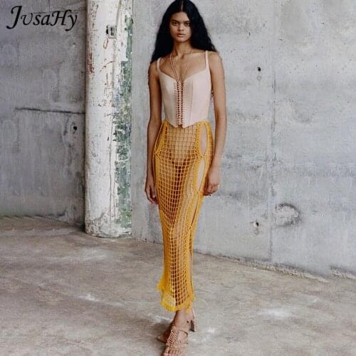 Jusahy Knitting Sexy Maxi Skirt Women Summer Elastic See-Through Hollow Grid Party Streetwear Bottom Sukienka Skirt New