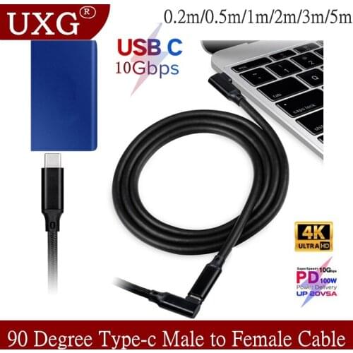 Type-C USB 3.1 Male to USB-C Female 90 degree Extension Data Cable Extender Cord Reversible Design 10Gb/s 0.3m 0.5m 1m 2M 3m 5M