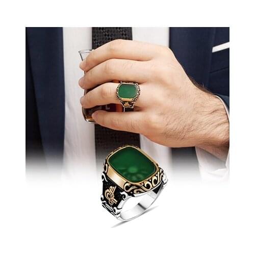 Green Agate Stone Tuğra Patterned Silver Men 'S Ring