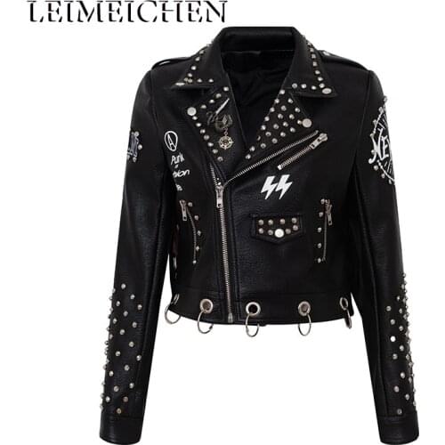 LEIMEICHEN Graffiti Studs Beading PU Leather Jacket Female Punk Style Motorcyle Tassel Leather Jackets Coats Streetwear MT-28648