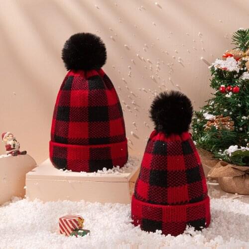 Fashion Red Plaid Beanies Hat Adults Kids Women Girls Hat Winter Warm Catton Casual Hat