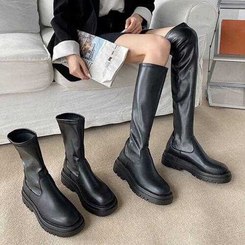 Fashion Women Boots 2021 Mid Calf Boot PU Leather Slip On Ankle Comfor Sexy Outdoor Ladies Shoe Non Slip Soft Footwear Woman