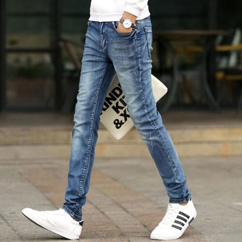 Mens Jeans Slim Elasticity Pencil Pants Korean Youth Casual Pants Preppy Style Trousers Factory Direct Sales Jeans