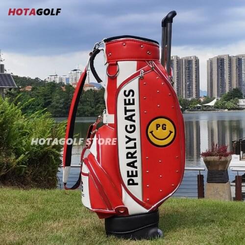 2021 New PG Rivet smiley Golf Bag Red PU waterproof golf bag with pulley trolley golf bag