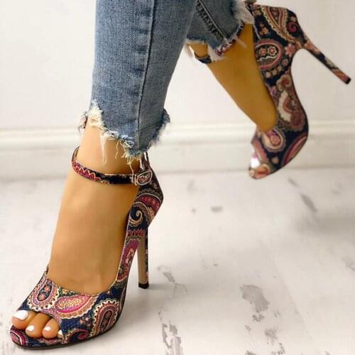 For New ethnic style printed open-toe toe ring buckle stiletto sandals fashionable wild summer womens shoes sexy