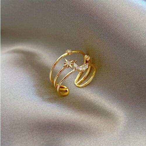 New Korean Boho Star Moon Crystal Midi Knuckle Rings for Women Double Layer Golden Geometric Open Knuckle Ring Jewelry Wholesale