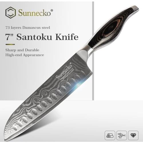 SUNNECKO 7" inch Santoku Knife 73 Layers Damascus Steel Kitchen Knives Japanese VG10 Blade Meat Cutter Tool Pakka Wood Handle