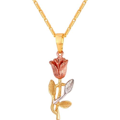 Collare Rose Flower Necklace For Girls Dating Three-Tone Gold/Rose Gold Color Flower Pendant Necklace Women Wedding Jewelry P842
