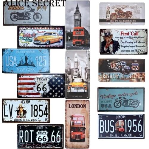 USA Route 66 Vintage Metal Tin Sign Motorcycle Car Number License Metal Plate Plaque Poster for Bar Club Garage Home Decoration