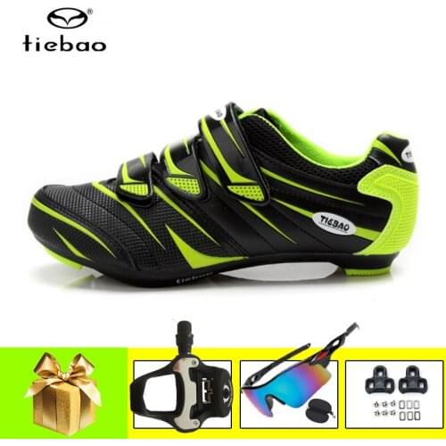 TIEBAO Green Road Cycling Sneakers Add SPD-SL Pedals Men Sapatilha Ciclismo Self-locking Breathable Bicycle Riding Bicycle Shoes