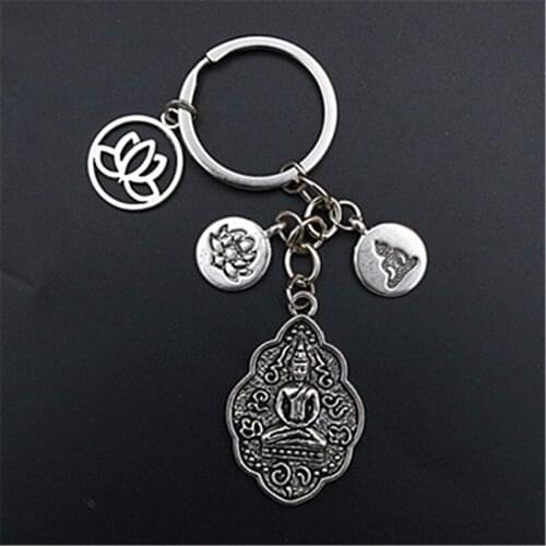 WKOUD 1pc Silver Plated Metal Religious Buddha Lotus Pendant DIY Handmade Jewelry Charm Alloy Key Chain A1544