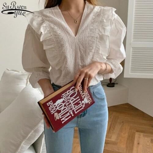Korean Retro Elegant Blouses Short Sleeve Womens Shirts White Shirt for Women Cotton Hollow Out Beautiful Blouses 13500
