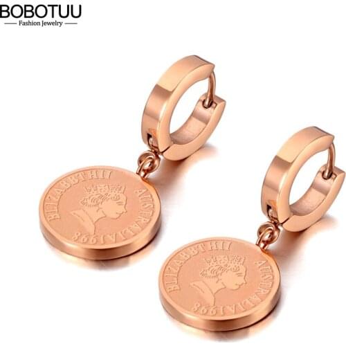 BOBOTUU Vintage Style Titanium Steel Queen Avatar Hoop Earrings Trendy Rhinestone Party Earrings Jewelry For Women BE20156